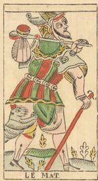 Card from a tarot deck featuring a figure in colorful attire with a staff, labeled 'Le Mat'.