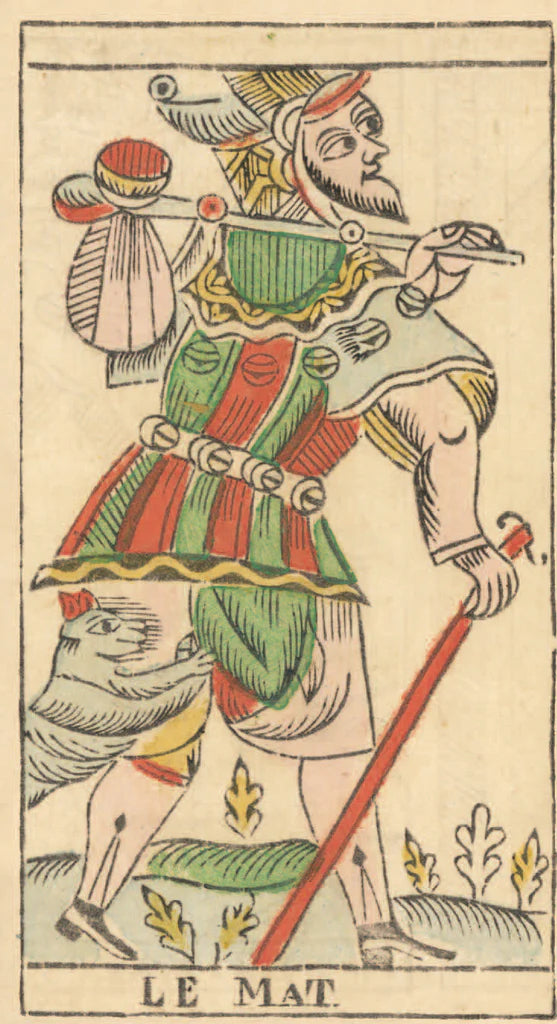 Card from a tarot deck featuring a figure in colorful attire with a staff, labeled 'Le Mat'.