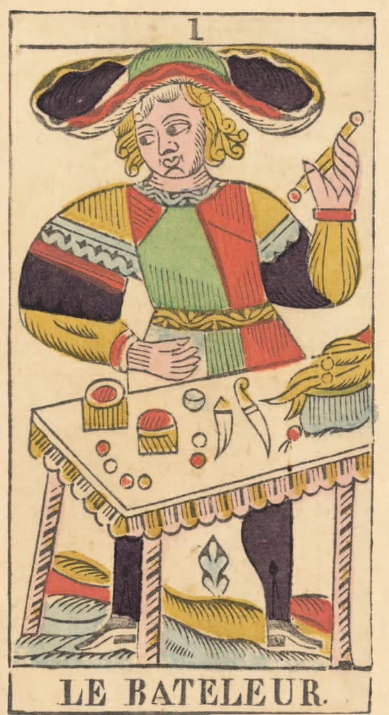 Card from a tarot deck featuring a figure in colorful attire, labeled "Le Bateleur"