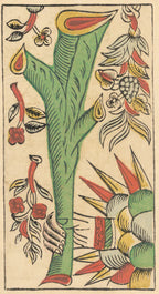 Decorative illustration of a stylized plant with colorful leaves and flowers on a beige background