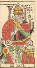 Card from a tarot deck featuring a figure with papal attire and symbols.