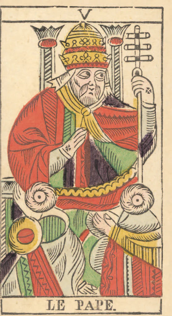 Card from a tarot deck featuring a figure with papal attire and symbols.