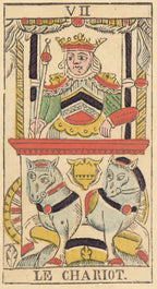Card from a tarot deck featuring a figure on a chariot with horses, labeled 'Le Chariot'.
