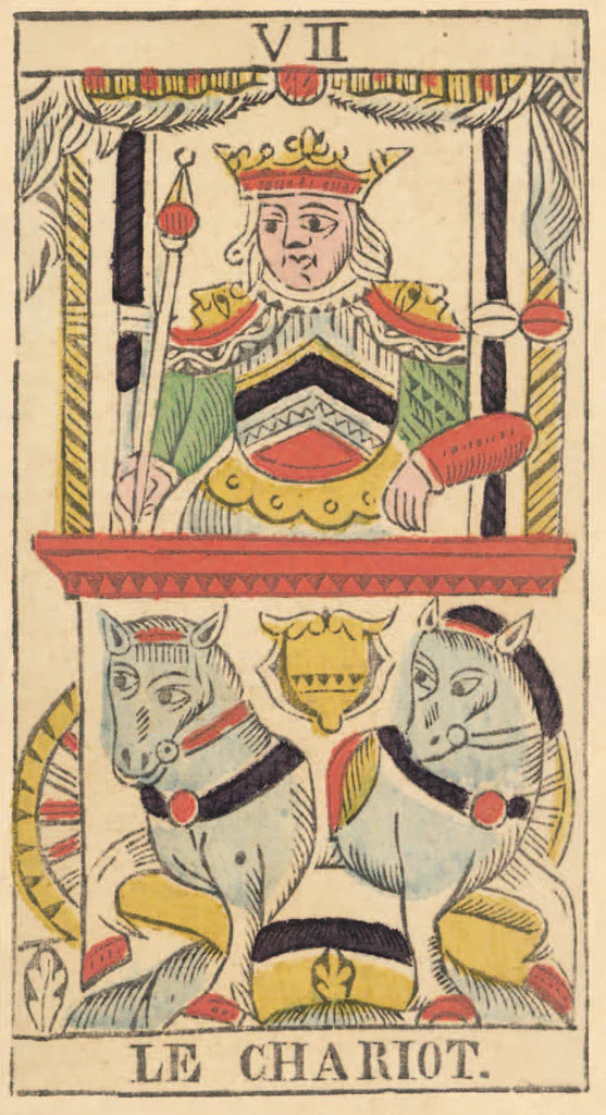 Card from a tarot deck featuring a figure on a chariot with horses, labeled 'Le Chariot'.
