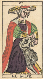 Card from a tarot deck featuring a figure with a headdress and a head, labeled 'La Force'.