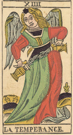 Card from a tarot deck featuring an angel labeled 'La Temperance'.