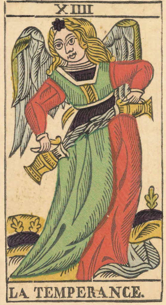 Card from a tarot deck featuring an angel labeled 'La Temperance'.