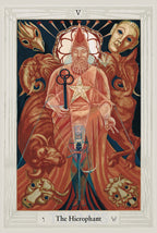 Tarot card featuring 'The Hierophant' with a central figure holding a key, surrounded by animals.