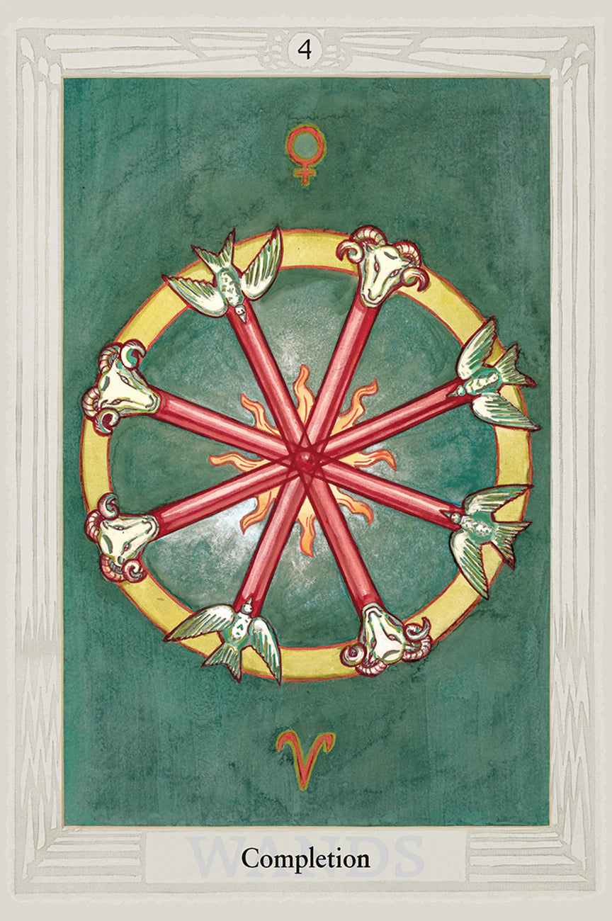 Tarot card with a wheel-like symbol on a green background, labeled 'Completion'.