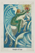 Card featuring a knight on a horse with a cup, labeled 'Knight of Cups', against a blue background.