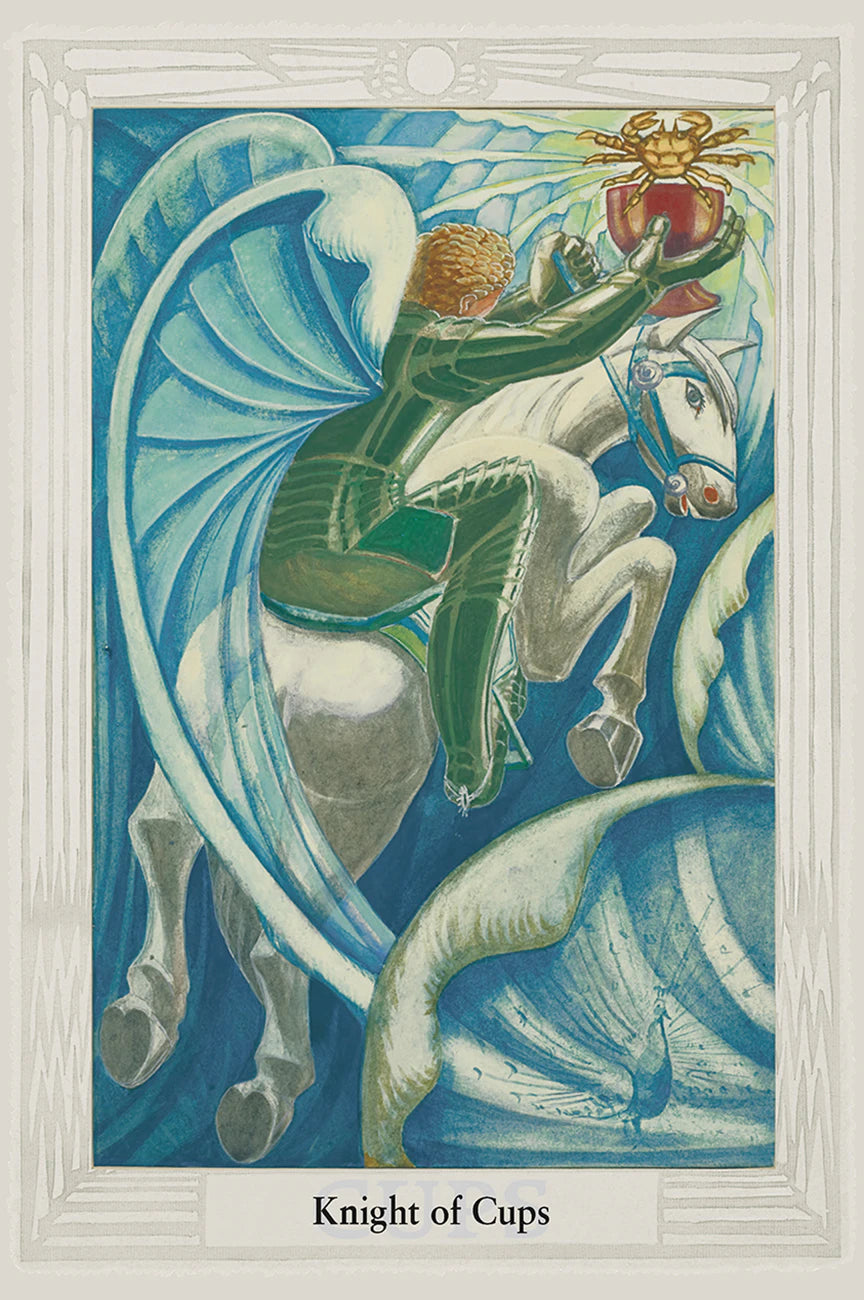 Card featuring a knight on a horse with a cup, labeled 'Knight of Cups', against a blue background.