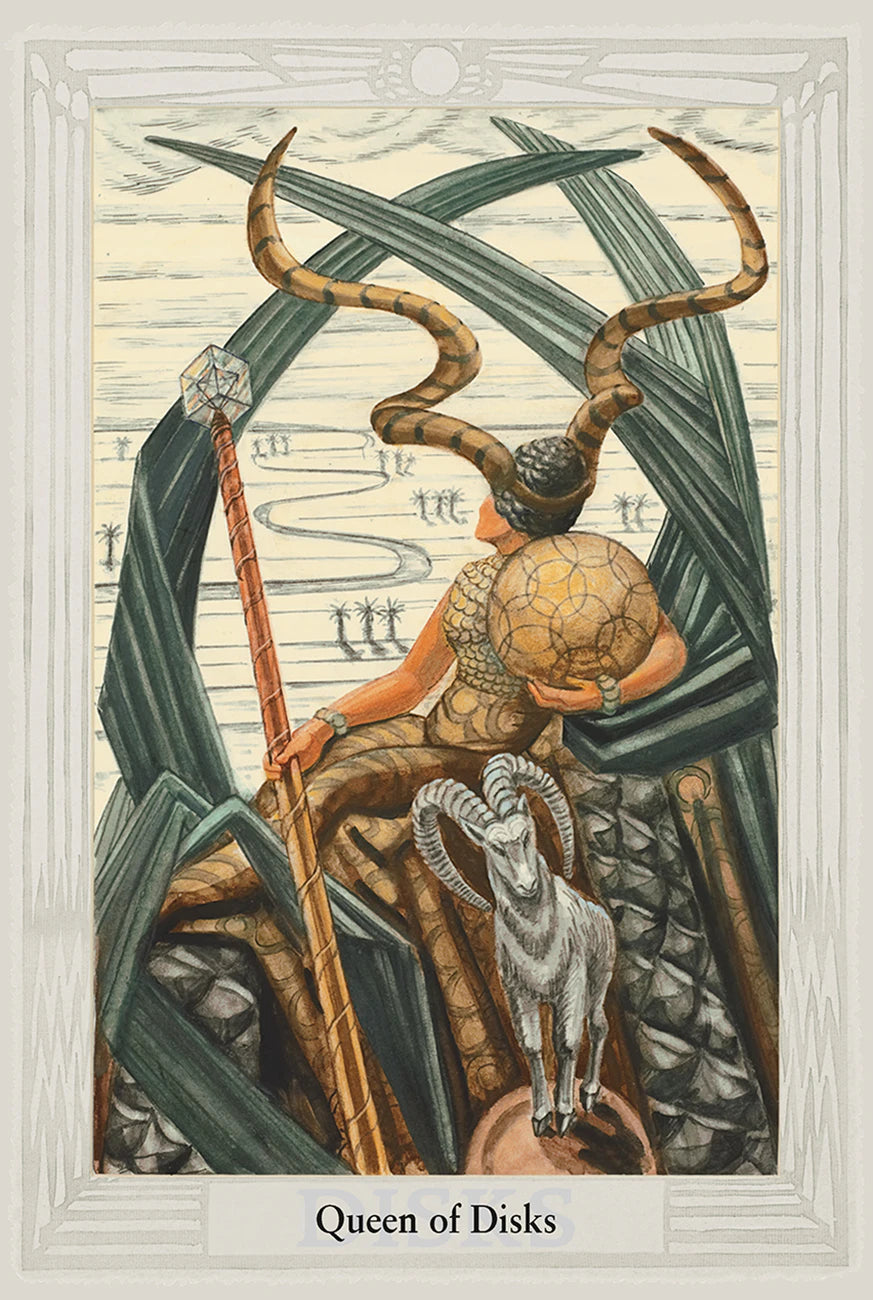 Tarot card featuring a figure with large antlers and a goat, labeled 'Queen of Disks'.