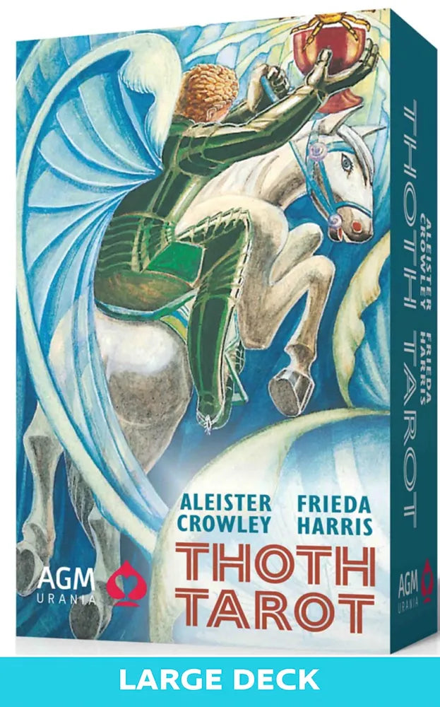 Thoth Tarot card deck packaging with artwork of a winged figure and AGM Uranus logo.