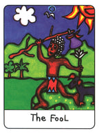 Card titled 'The Fool' with a colorful illustration of a figure holding a staff and flowers against a blue sky with sun and clouds.