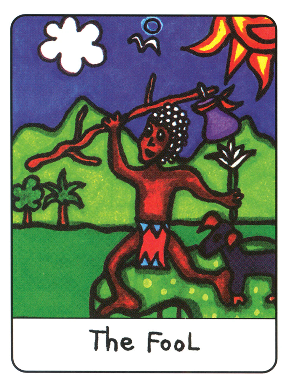 Card titled 'The Fool' with a colorful illustration of a figure holding a staff and flowers against a blue sky with sun and clouds.