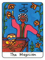Tarot card featuring 'The Magician' with a colorful design and text.