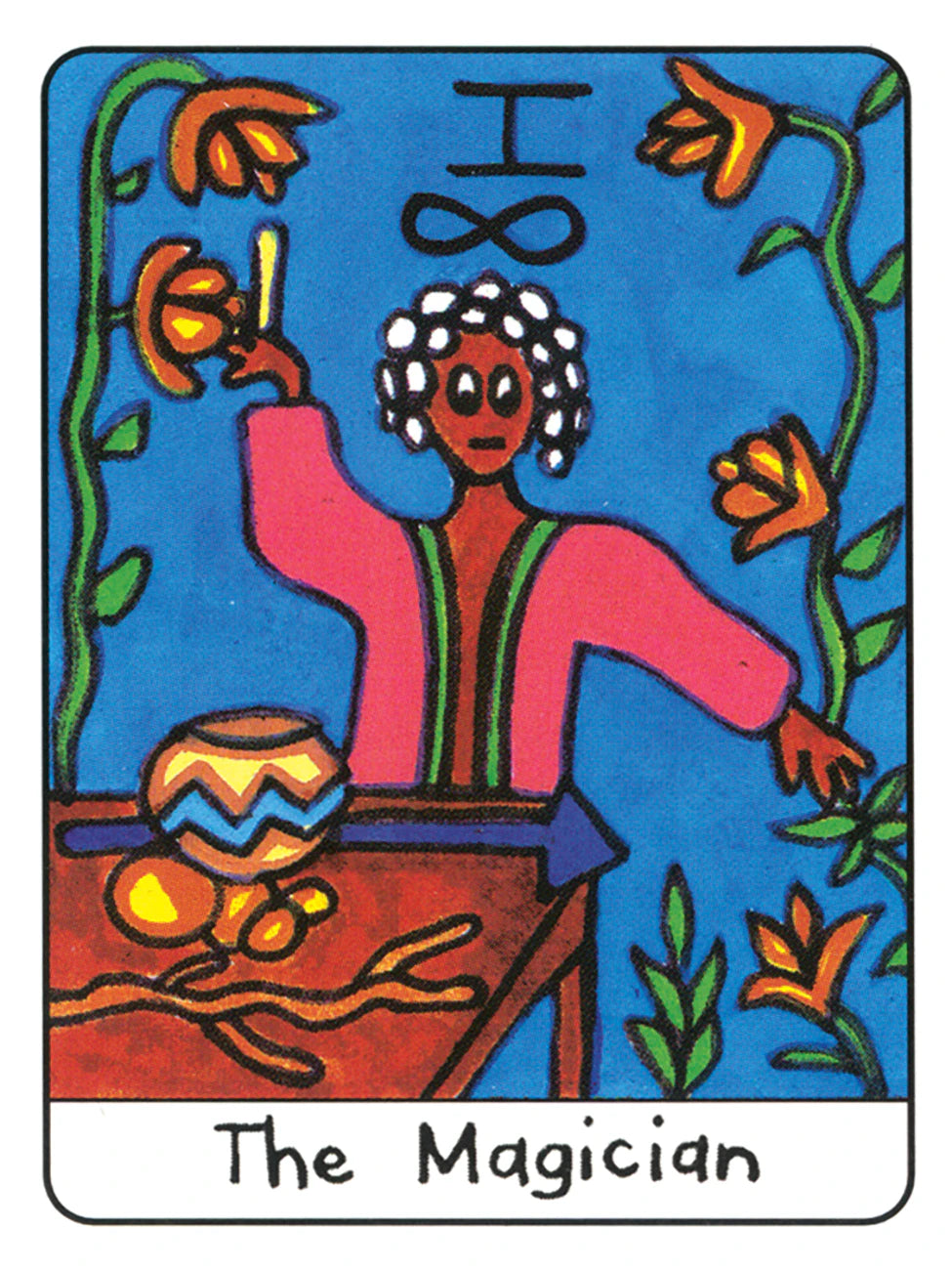 Tarot card featuring 'The Magician' with a colorful design and text.
