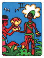 Colorful illustration of two figures with a drum against a blue background