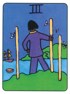 Tarot card with a person standing between two sticks, surrounded by nature elements.