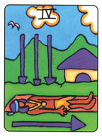 Colorful illustration of a tarot card with a house, mountains, and a person lying on the ground.