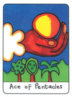 Card featuring a hand holding a pentacle with a blue background and 'Ace of Pentacles' text.