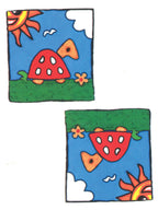 Two colorful illustrations of a red mushroom and watermelon slice with sun and cloud background.
