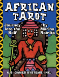 Cover of 'African Tarot' by Marina Romito with a colorful illustration of a figure and text on a blue background.