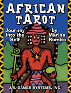 Cover of 'African Tarot' by Marina Romito with a colorful illustration of a figure and text on a blue background.