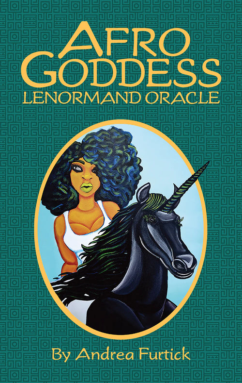 Book cover of 'Afro Goddess Lenormand Oracle' with a woman and unicorn illustration on a teal background.