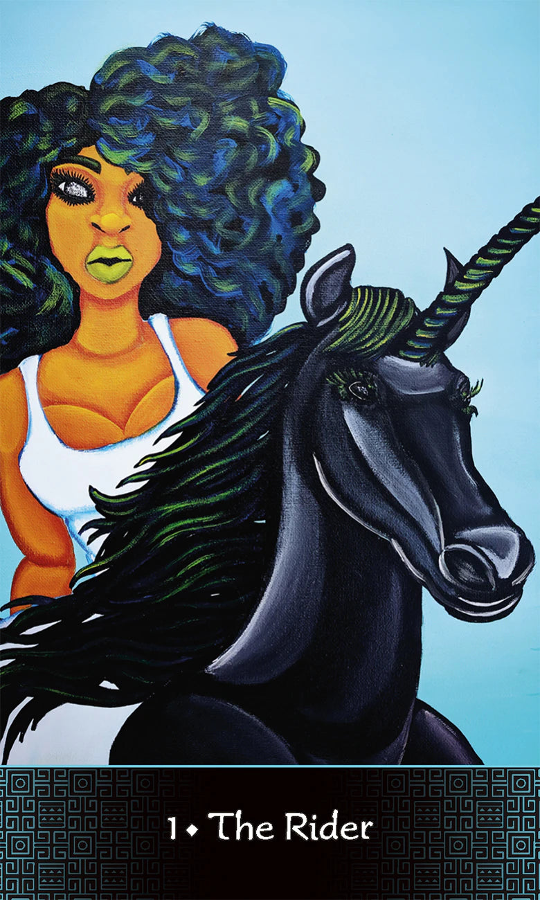 Card titled 'The Rider' featuring a woman with an afro and a black unicorn on a blue background.