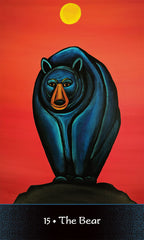 Blue bear illustration on a red background with 'The Bear' card text at the bottom.