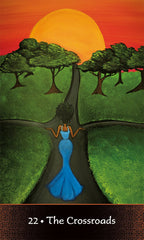 Artistic depiction of a woman in a blue dress standing at a crossroads with trees and a sunset in the background.