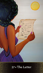 Illustration of a woman holding a scroll with text, against a plain background.