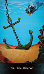Anchor with a mermaid tail in the background on a blue card with text '35 The Anchor'.
