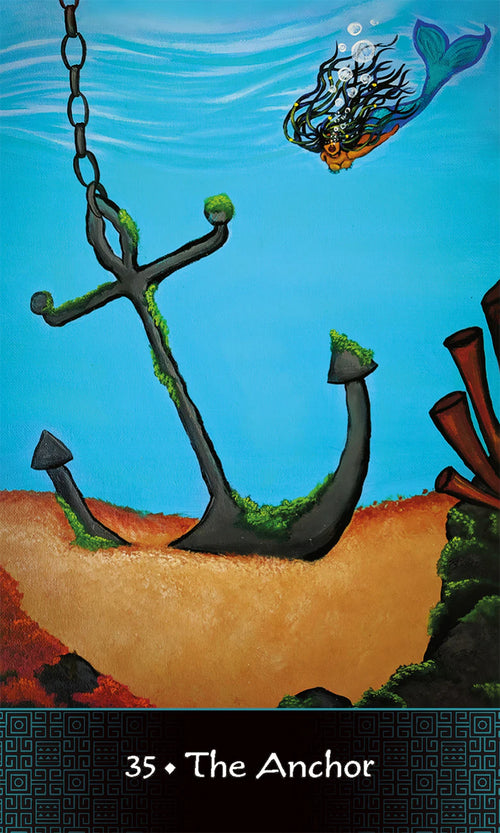Anchor with a mermaid tail in the background on a blue card with text '35 The Anchor'.