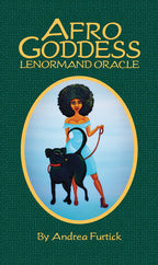 Book cover of 'Afro Goddess Lenormand Oracle' with a woman and black cat illustration on a green background.