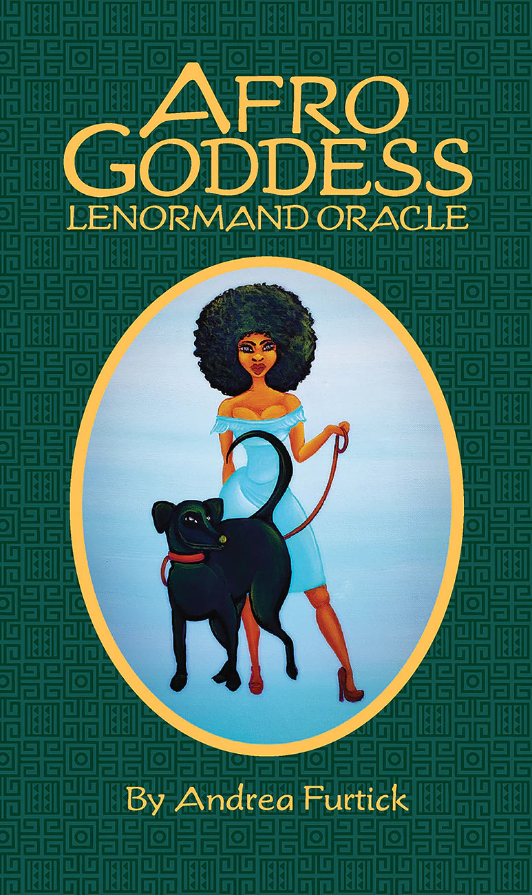 Book cover of 'Afro Goddess Lenormand Oracle' with a woman and black cat illustration on a green background.