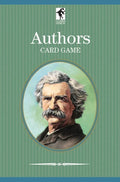Card game cover with portrait of a famous author on a green background