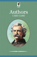 Card game cover with portrait of a famous author on a green background