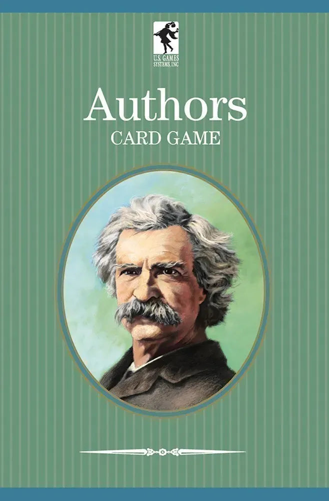 Card game cover with portrait of a famous author on a green background