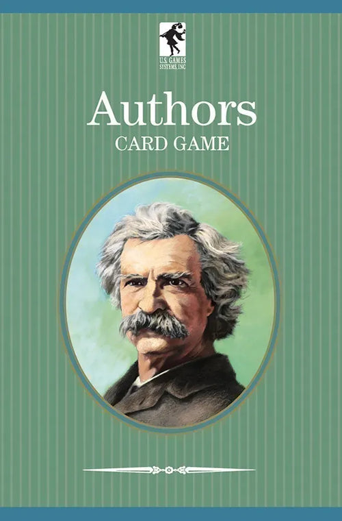 Card game cover with portrait of a famous author on a green background