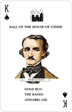Playing card with Edgar Allan Poe's portrait and book titles on a white background