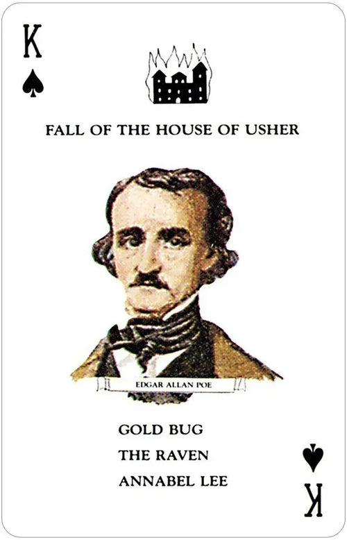 Playing card with Edgar Allan Poe's portrait and book titles on a white background