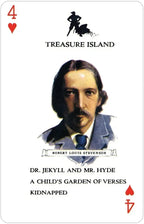 Playing card with a portrait of a man and text related to literature, on a white background.