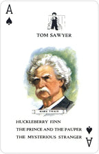 Playing card featuring Mark Twain with text about his works on a white background