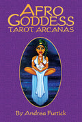 Book cover of 'Afro Goddess Tarot Arcanas' with a stylized illustration of a woman on a purple background.