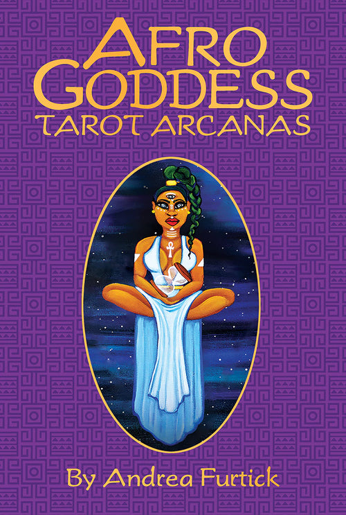 Book cover of 'Afro Goddess Tarot Arcanas' with a stylized illustration of a woman on a purple background.