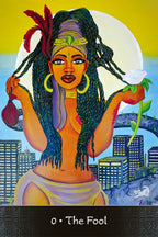 Artistic depiction of 'The Fool' card from a tarot deck with a stylized cityscape background.