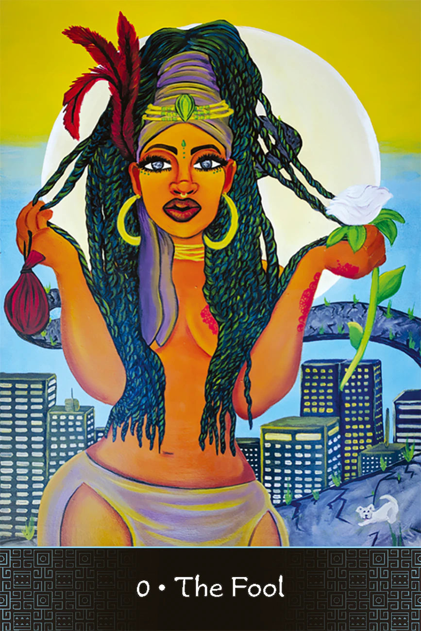Artistic depiction of 'The Fool' card from a tarot deck with a stylized cityscape background.