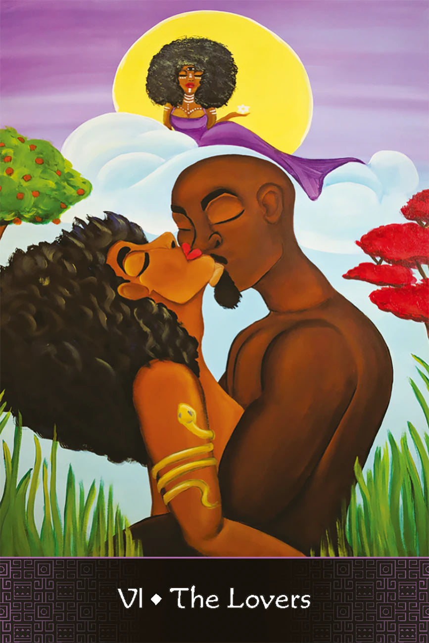 Card titled 'The Lovers' featuring two people embracing with a purple sky and sun in the background.